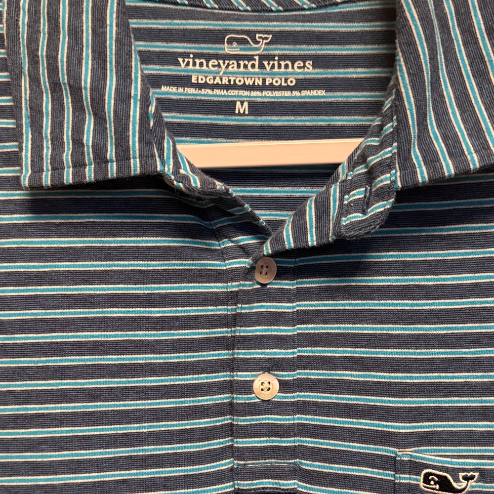 Vineyard Vines Men's Navy and Aqua Striped Polo